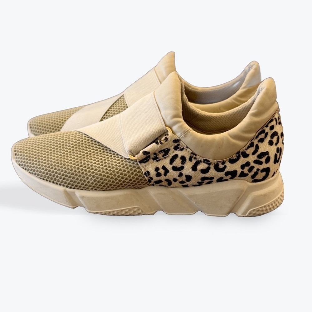 ALL BLACK Women Leopard Calf Hair Mesh Slip On Sneakers Tan White Size 38